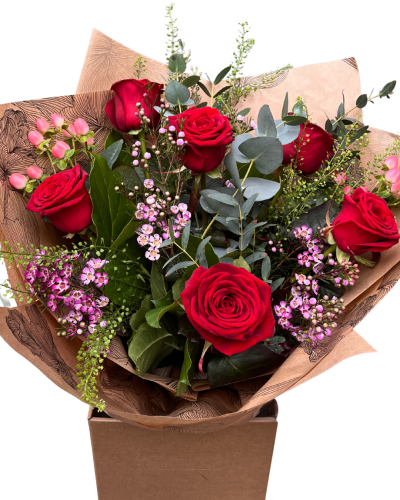 Six Roses of Romance - 6 standard red roses hand-tied or arranged in Oasis with choice filler and foliage with a novelty item presented in a gift box or bag.