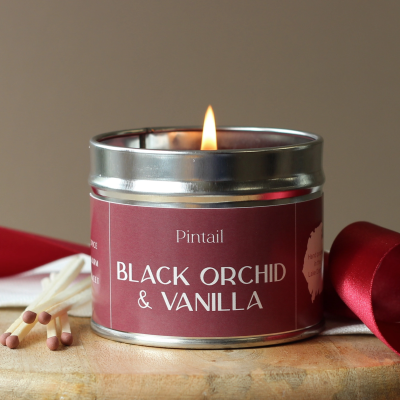 Black Orchid and Vanilla Candle - Light the wick and this hand-poured offering will transport you to an indulgent, tropical palace, where the exotic aroma of black orchid blends with notes of rich amber and spiced musk, pamperingly enriched with a smooth touch of vanilla.  

Pintail candles are hand-poured with love in the Pintail Candles workshop in the Lake District, bringing vibrant fragrances to life.

Small Candle Burn Time: Up to 14 hours

Medium Candle Burn Time: Up to 35 hours

Materials: Wax, wick, metal paint pot tin with lid
Contains: Tetramethyl acetyloctahydronaphthalenes
May produce an allergic reaction