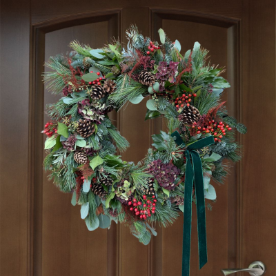 Berry Me In Velvet? The Door Wreath - Deep, dramatic, and decadently rich — a mood-setting holiday wreath with burgundy blooms, sexy velvet ribbon, and lush layered textures. Created for lovers of opulent décor, candlelit evenings, and a little winter mystery. This wreath brings romance and luxury to holiday styling.

Available in:
16" Standard
18" Large
24" Deluxe